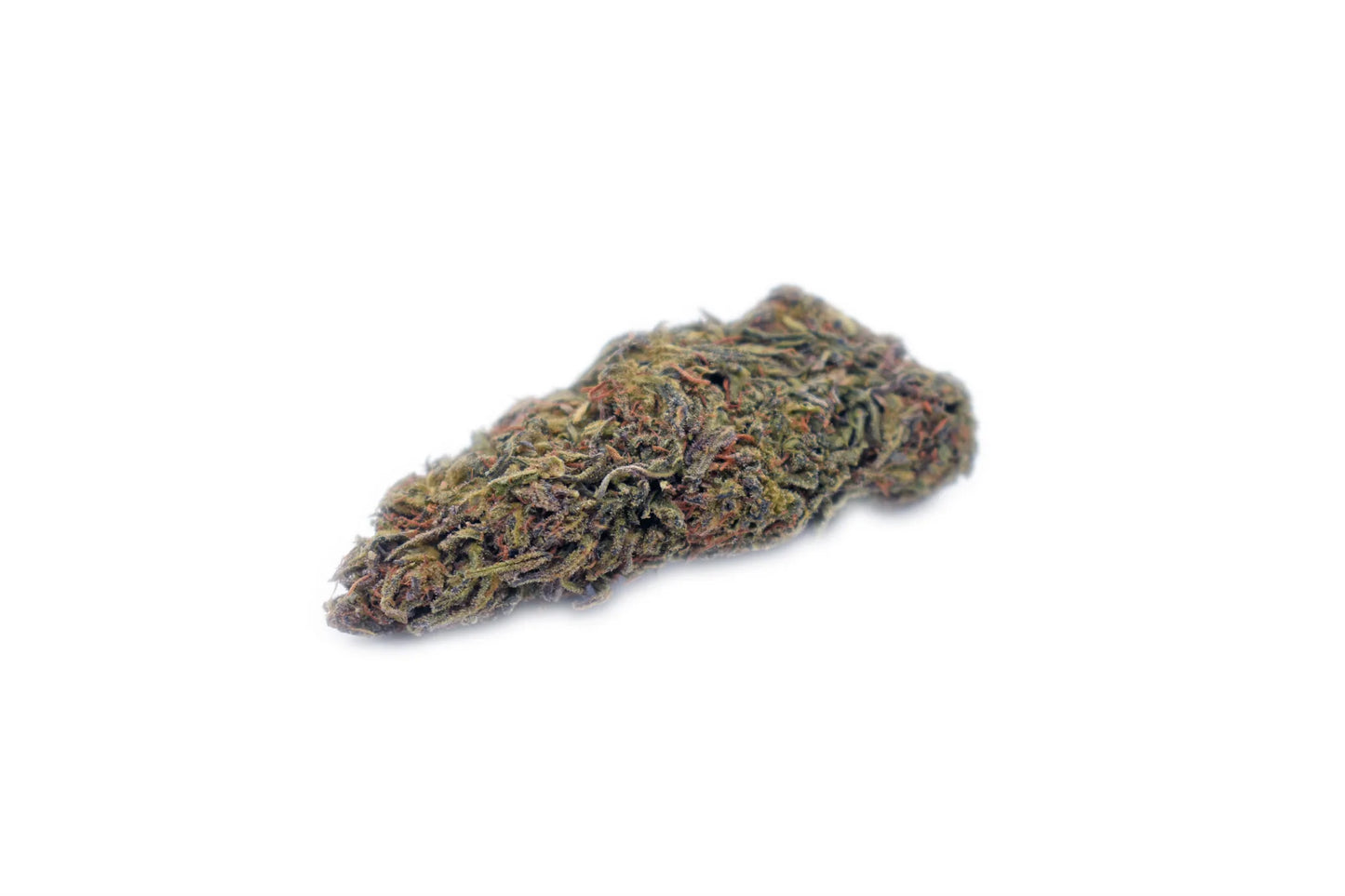 A single hand-trimmed Blue Genius CBD + Delta-8 THC bud, displaying its vibrant colors, sticky trichomes, and strong citrus-spice aroma with uplifting effects | Hurcann
