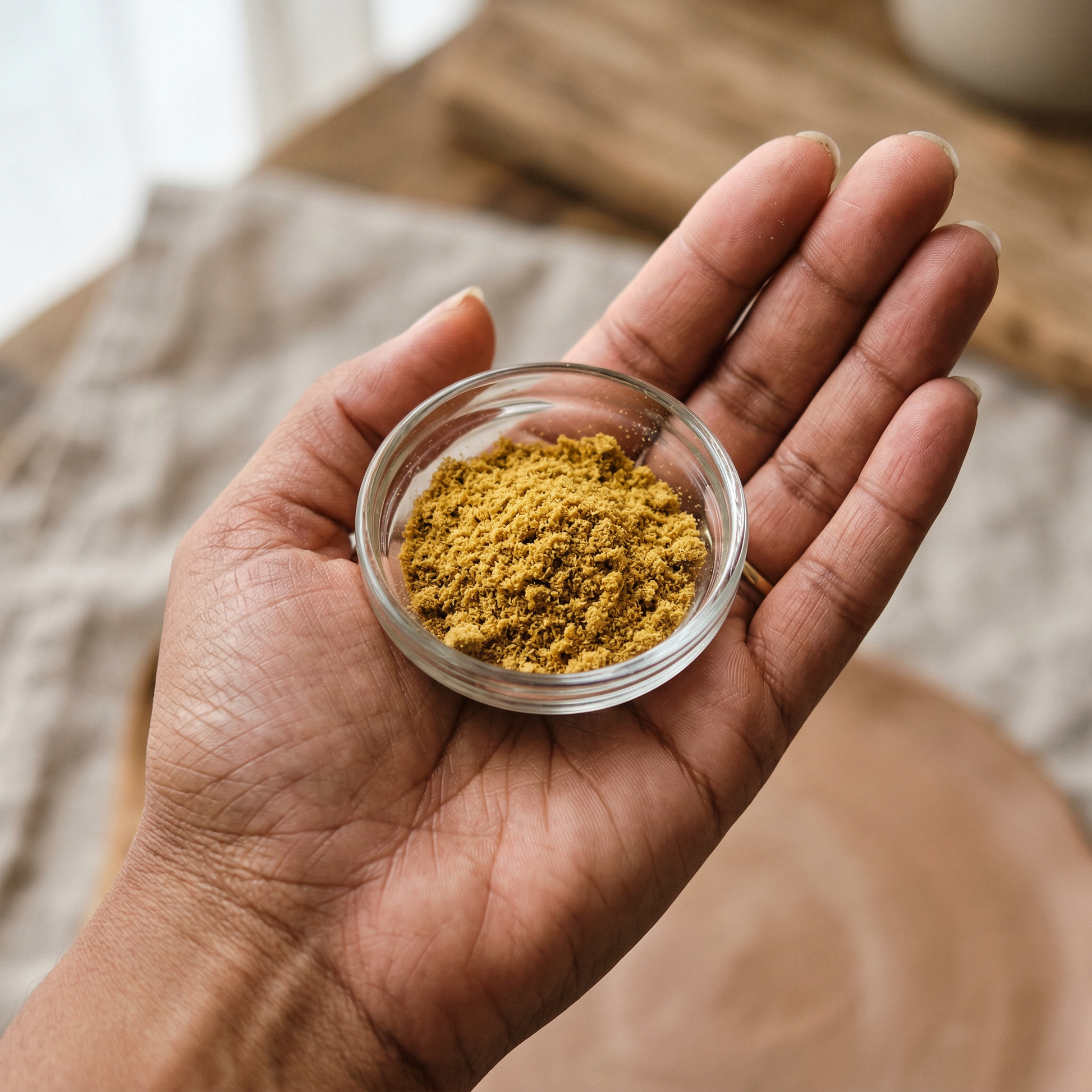 Hand holding a small glass dish of golden THCA kief powder — hemp-derived dry-sift kief 1/4 oz
