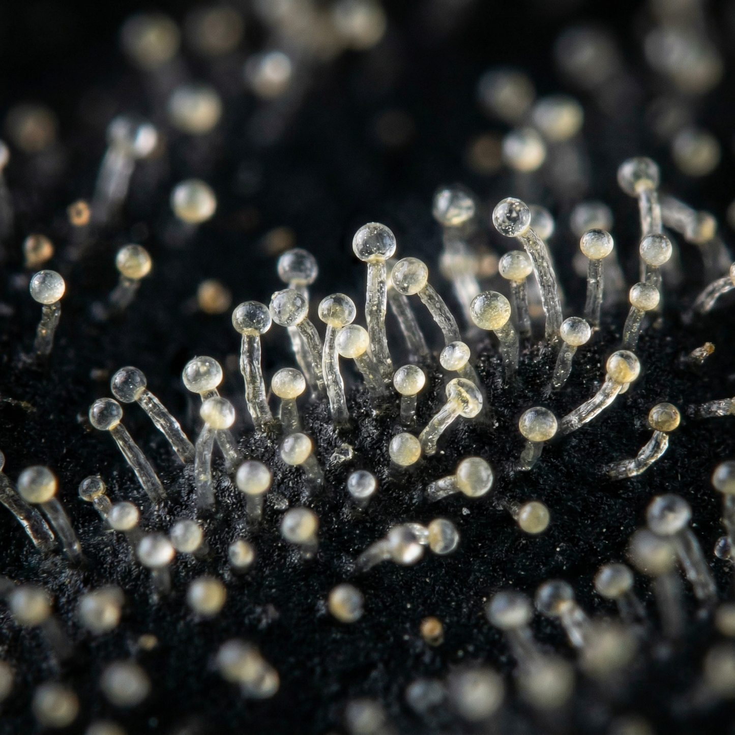 Extreme macro close-up of white CBG kief trichome heads on black background — clear crystalline hemp trichomes from CBG-dominant hemp flower