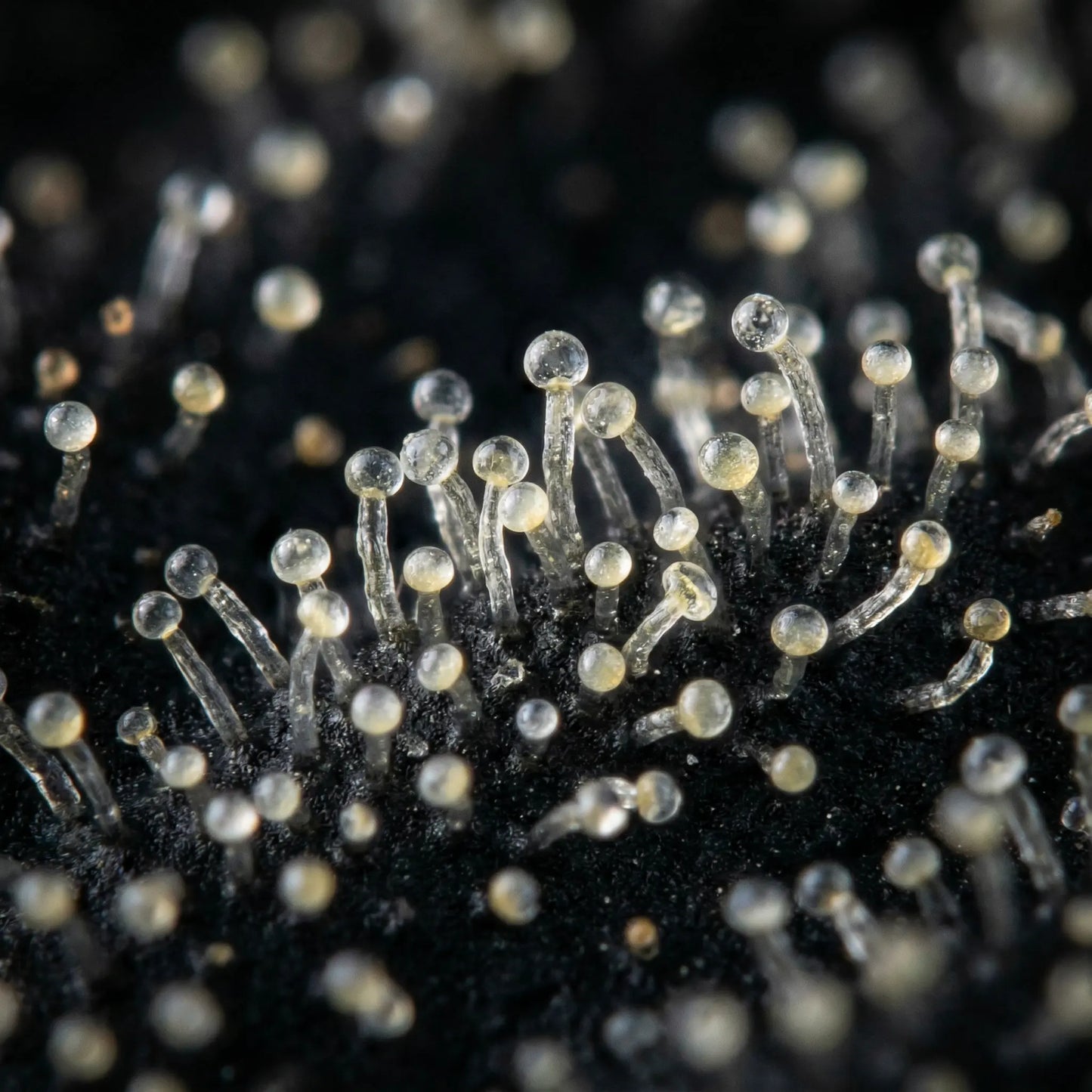Extreme macro close-up of white CBG kief trichome heads on black background — clear crystalline hemp trichomes from CBG-dominant hemp flower | Hurcann