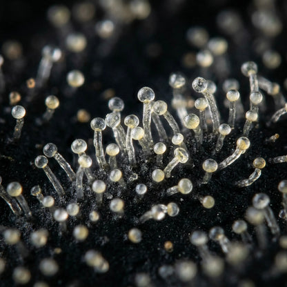 Extreme macro close-up of white CBG kief trichome heads on black background — clear crystalline hemp trichomes from CBG-dominant hemp flower | Hurcann