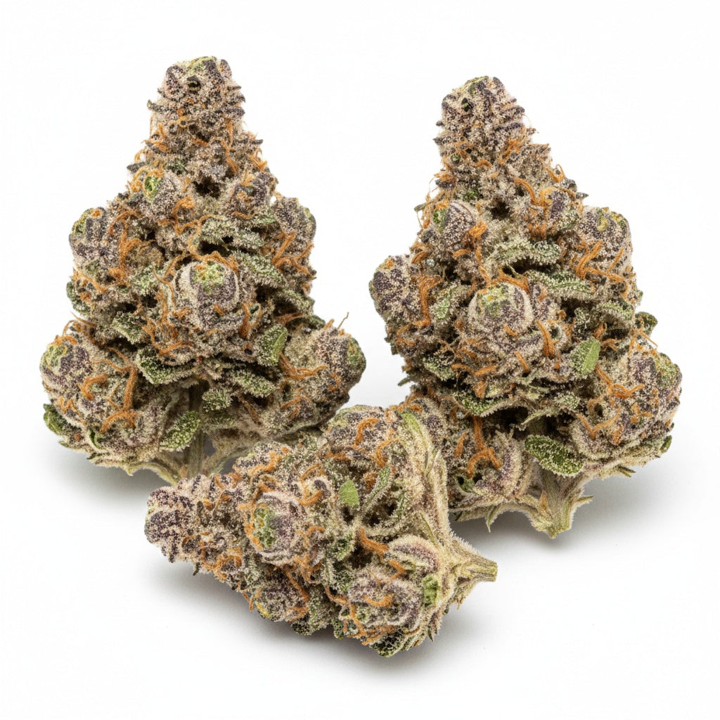 Vanilla Berry features dense, frosty buds with deep purple hues and streaks of dark green
