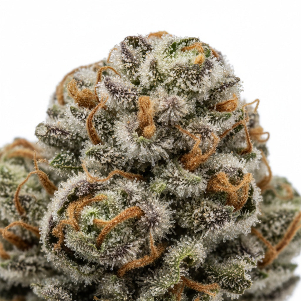 Colorful, eye-catching buds with a prism of green, purple, and orange, coated in a dense trichome layer.