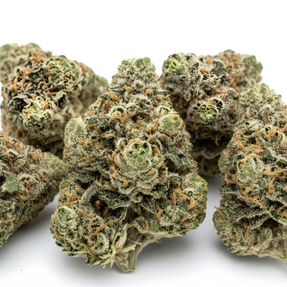 Close-up zoom of Afghani Kush THCa hemp flower pure indica AA grade, focusing on thick trichome coverage and classic landrace bud density