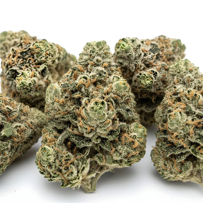Close-up zoom of Afghani Kush THCa hemp flower pure indica AA grade, focusing on thick trichome coverage and classic landrace bud density | Hurcann