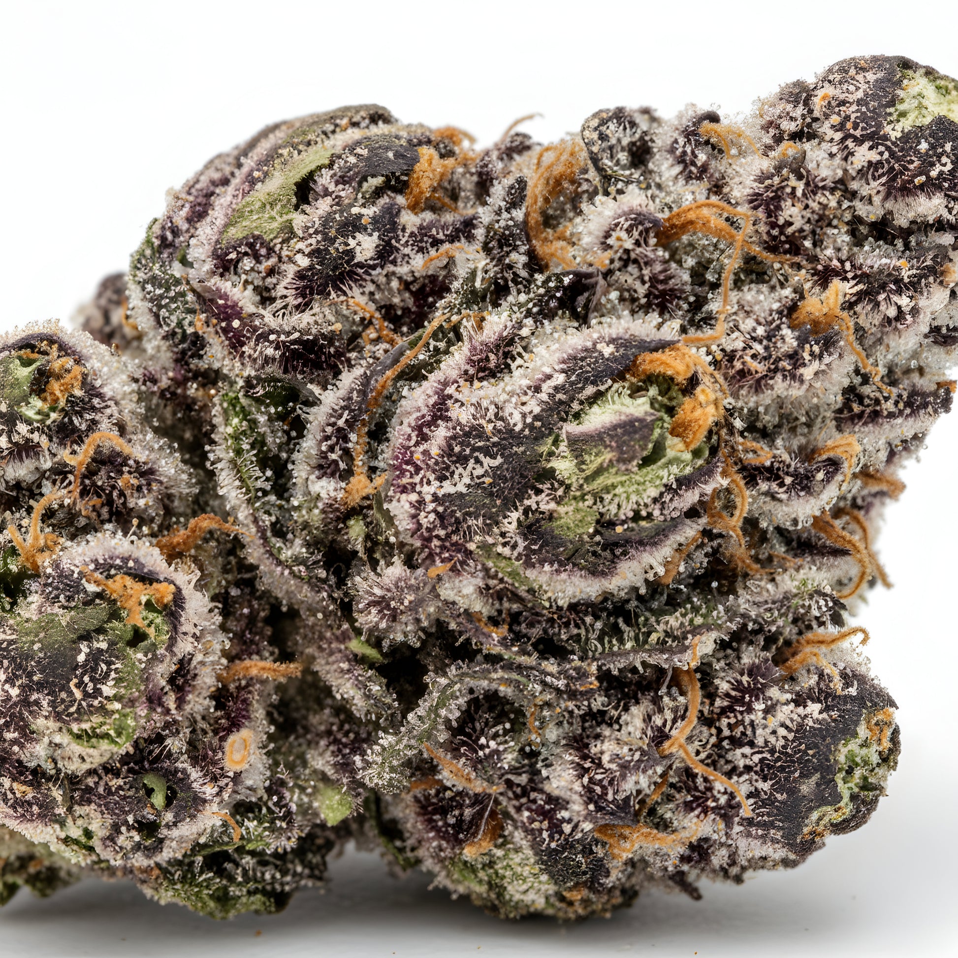 Zoom close-up image of Grape Pie THCA hemp flower AA grade, highlighting thick trichome coverage and resin-rich bud surface