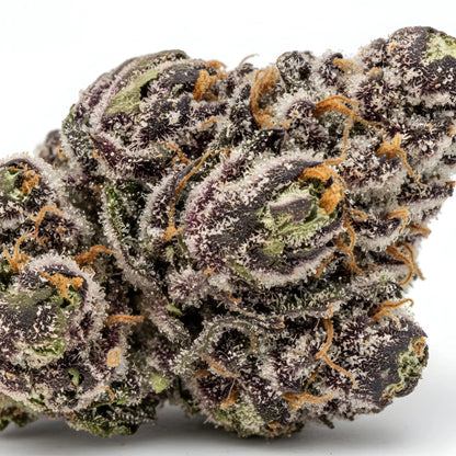 Zoom close-up image of Grape Pie THCA hemp flower AA grade, highlighting thick trichome coverage and resin-rich bud surface | Hurcann