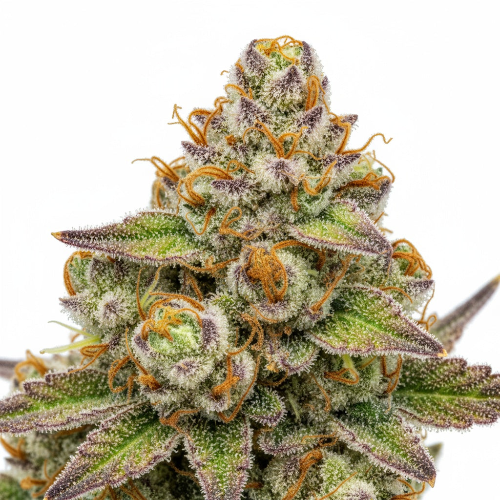 Look
Emerald green buds dusted in shimmering trichomes with fine red pistils throughout.
