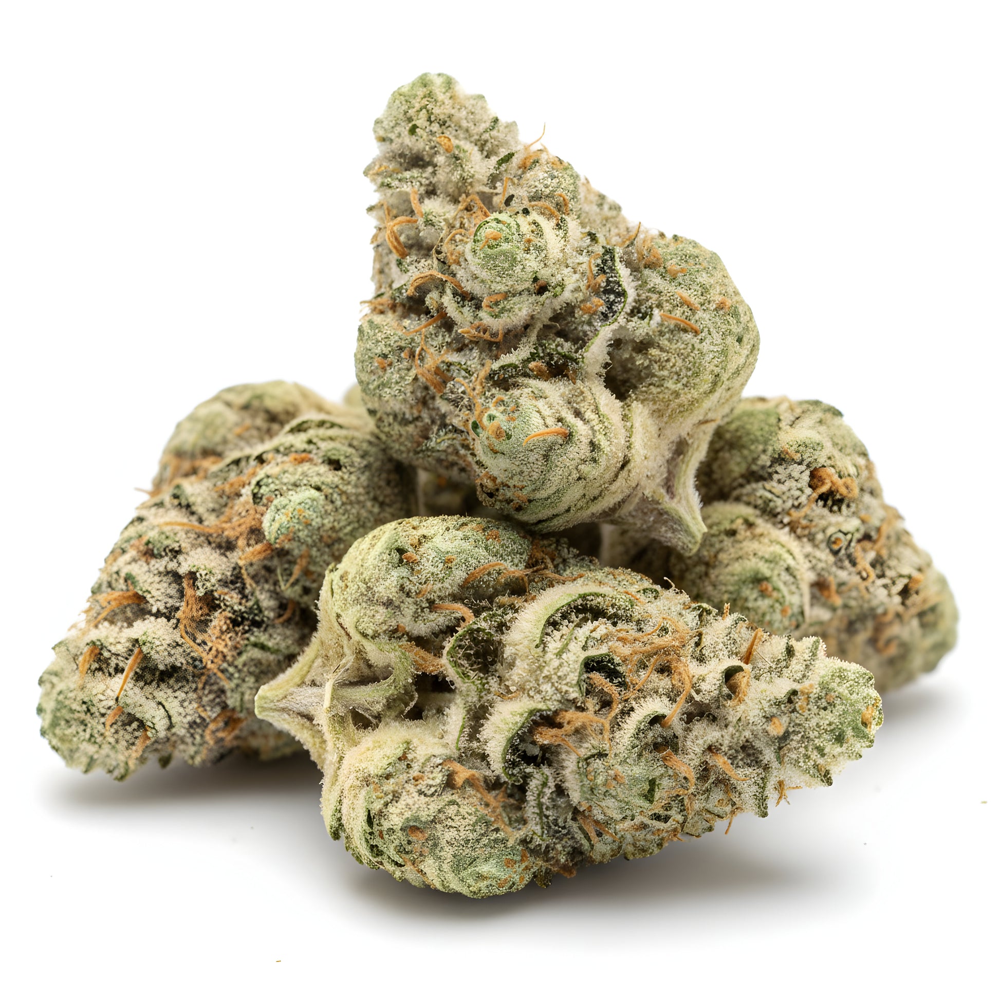 Close up zoom image of Cream Cake THCA flower AA grade, highlighting sparkling trichomes, compact bud structure, and premium indoor cure