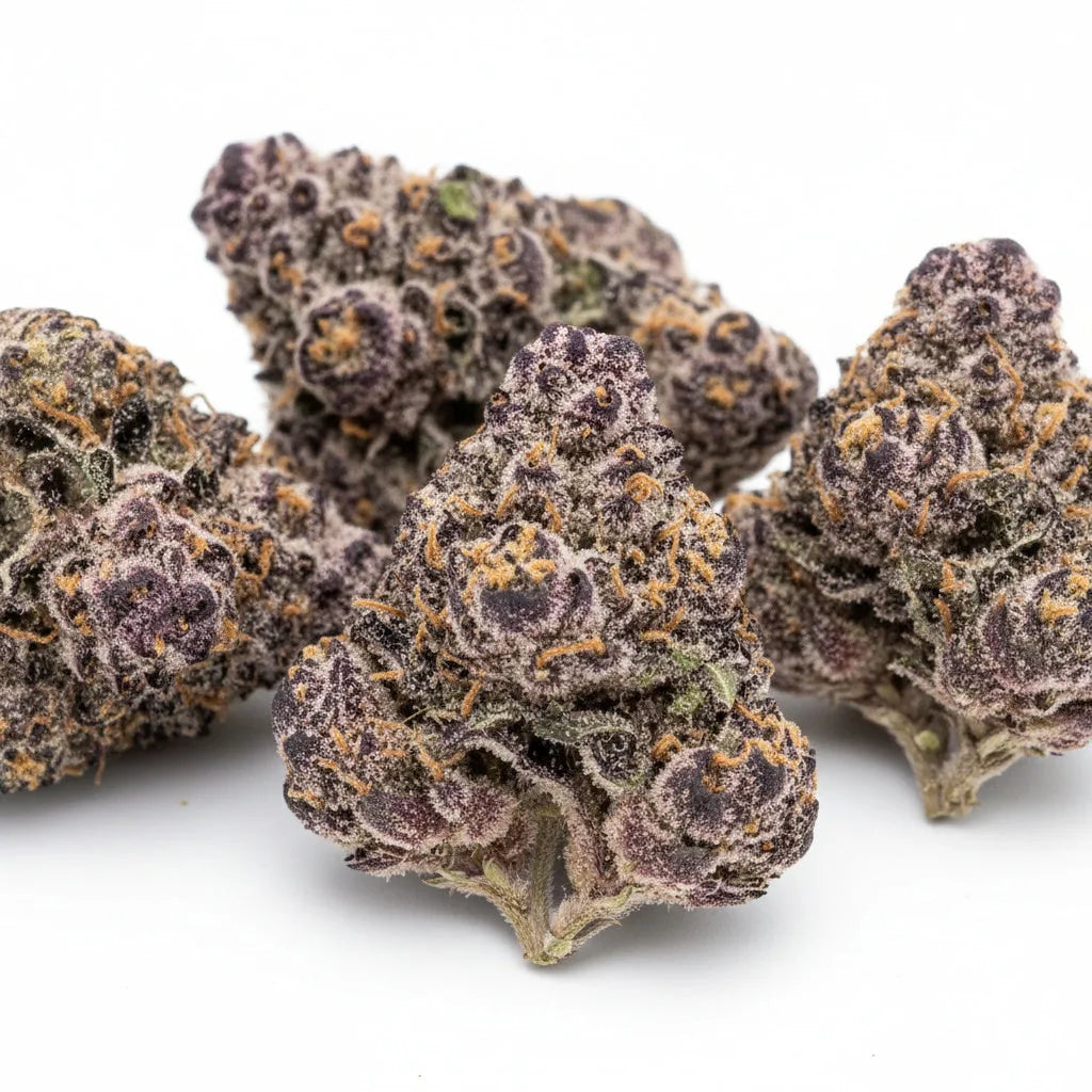 Close up zoom image of Jealousy THCA flower AA grade, highlighting dense trichome coverage, purple hues, and premium indoor cure | Hurcann