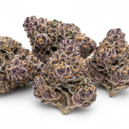 Close up zoom image of Jealousy THCA flower AA grade, highlighting dense trichome coverage, purple hues, and premium indoor cure | Hurcann