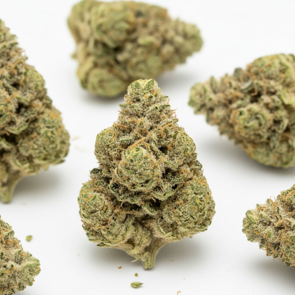 Key Lime Pie features tight, frosty buds with lime-green tones and a silvery trichome coating.
