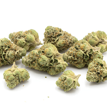 Close up zoom image of Pineapple Ex THCA flower AA grade, highlighting sparkling trichomes, fluffy structure, and premium indoor cure