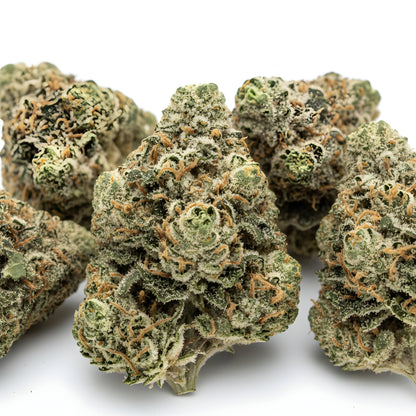 Close-up zoom of Afghani Kush THCa hemp flower pure indica AA grade, focusing on thick trichome coverage and classic landrace bud density