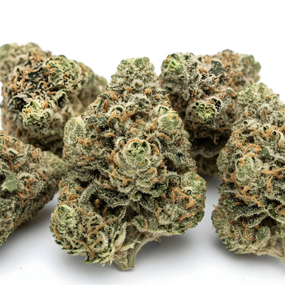 Close-up zoom of Afghani Kush THCa hemp flower pure indica AA grade, focusing on thick trichome coverage and classic landrace bud density | Hurcann