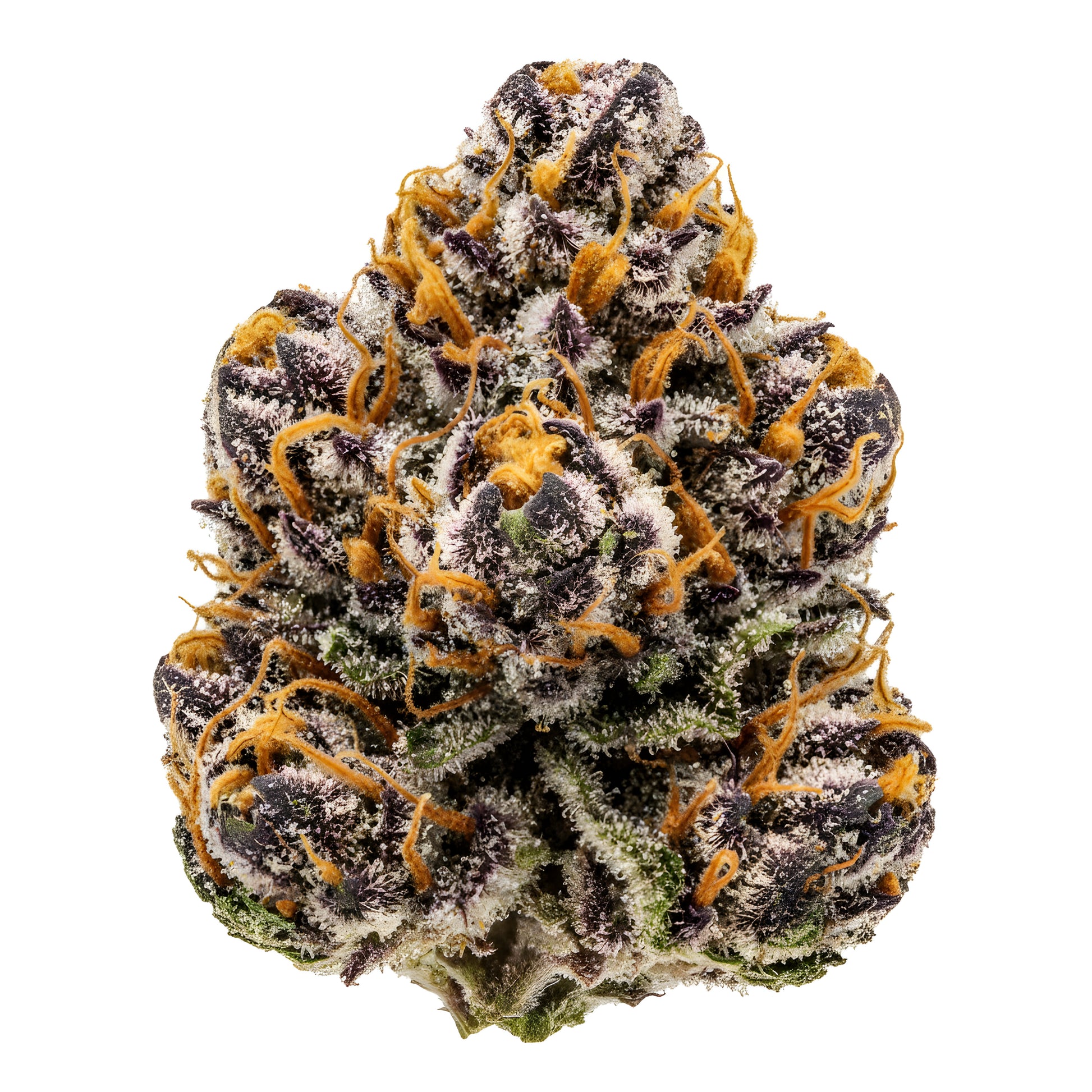 Close up zoom image of Candy Peaches THCa flower AAA grade, highlighting glistening sugary trichomes, peach hues, amber hairs, and fruity dessert terpene profile