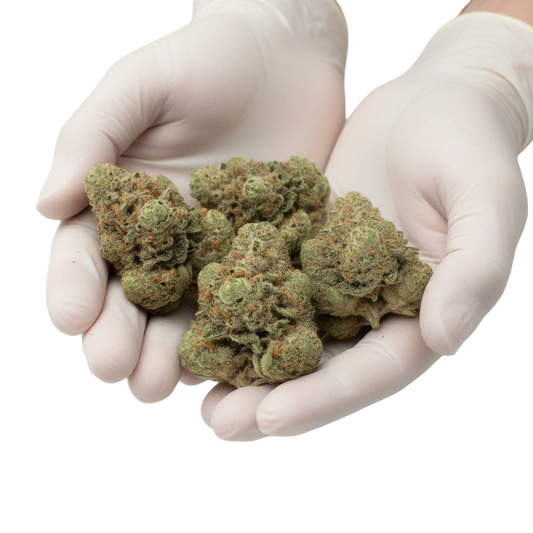 Gloves photo showing handled Zoap THCA hemp flower AAA grade for wholesale buyers, highlighting resinous buds, frosty trichomes, and high potency 33 percent THCA