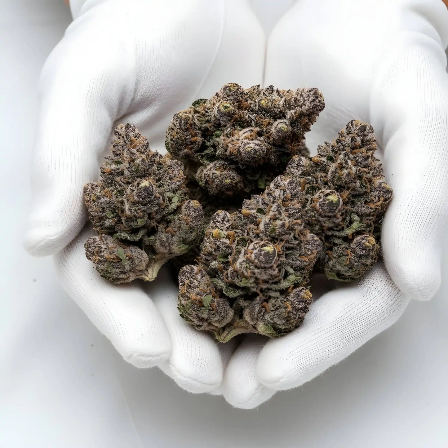 Gloves photo handling Grape Cherry Gelato THCA hemp flower AAA grade for wholesale, highlighting sticky resin coverage, orange hairs, and grape cherry vanilla aroma | Hurcann