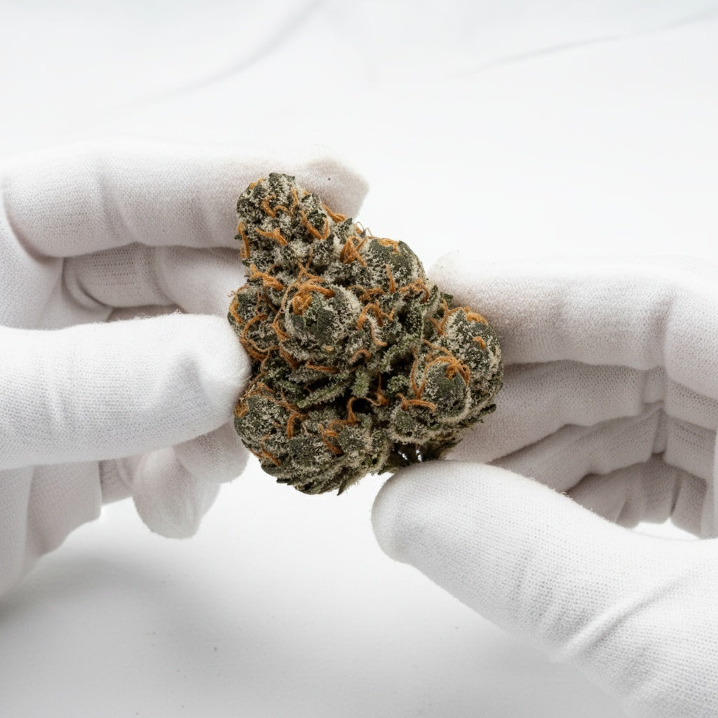 Sparkling buds with bright green and purple hues, shimmering under a thick trichome coat. 