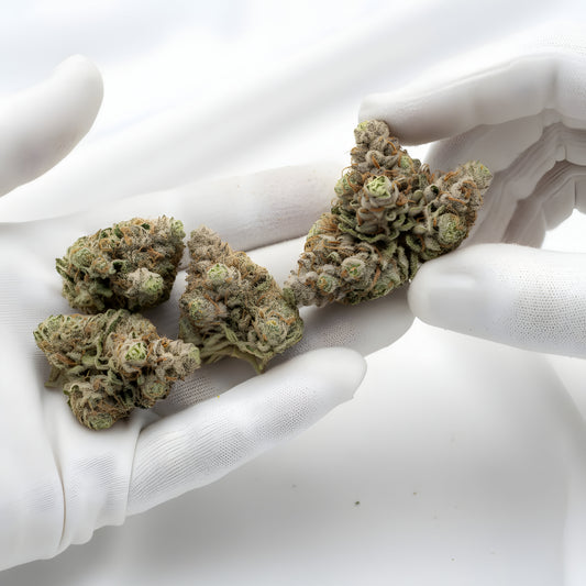 Gloves photo handling Windu THCA hemp flower AA grade for wholesale, highlighting fluffy dense structure and minty pine aroma