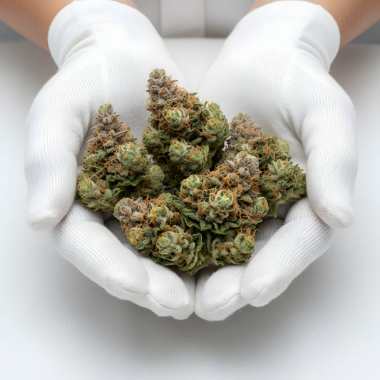 Gloves photo handling Vanilla Berry THCA hemp flower AA grade for wholesale, emphasizing frosty trichomes and premium indoor quality