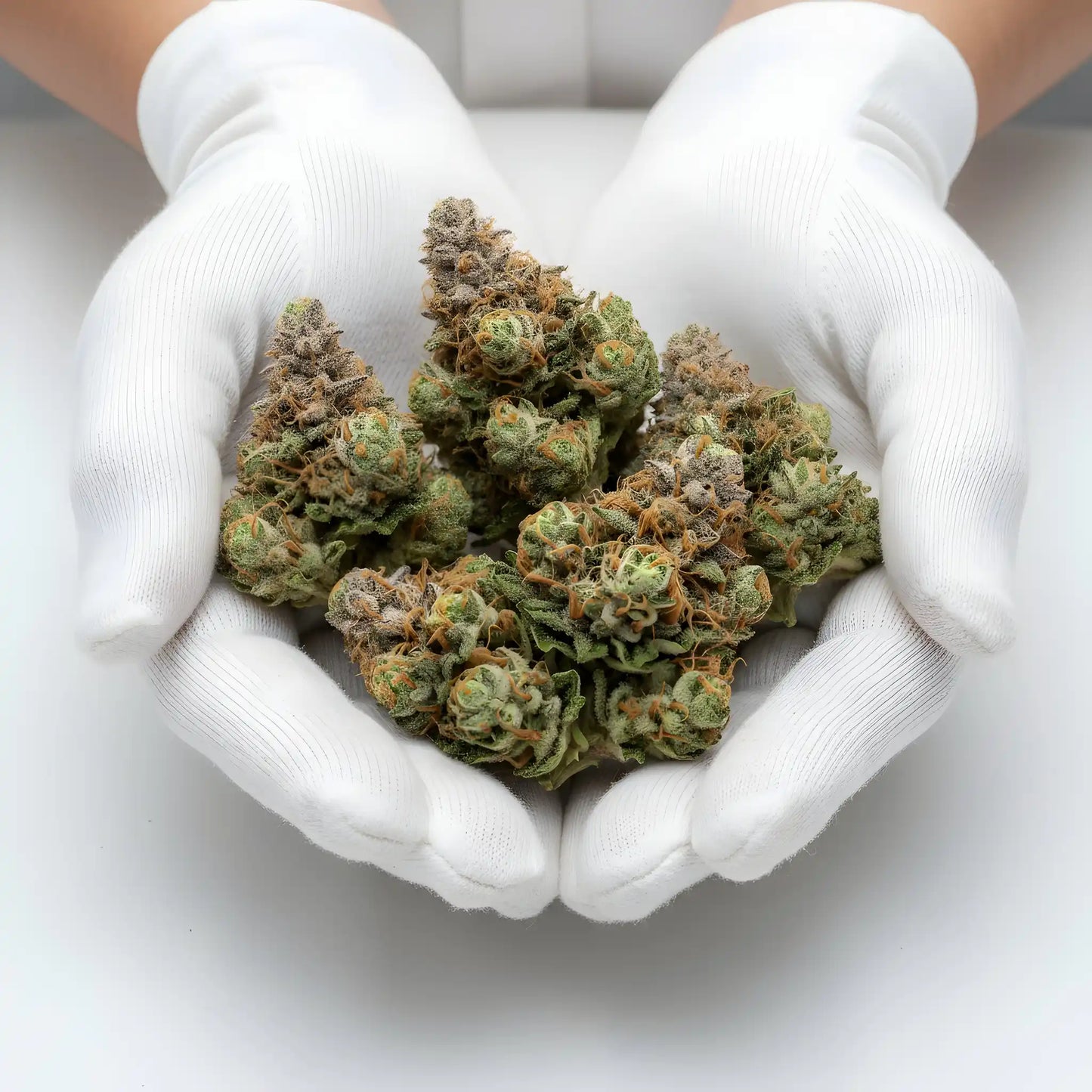 Gloves photo handling Vanilla Berry THCA hemp flower AA grade for wholesale, emphasizing frosty trichomes and premium indoor quality