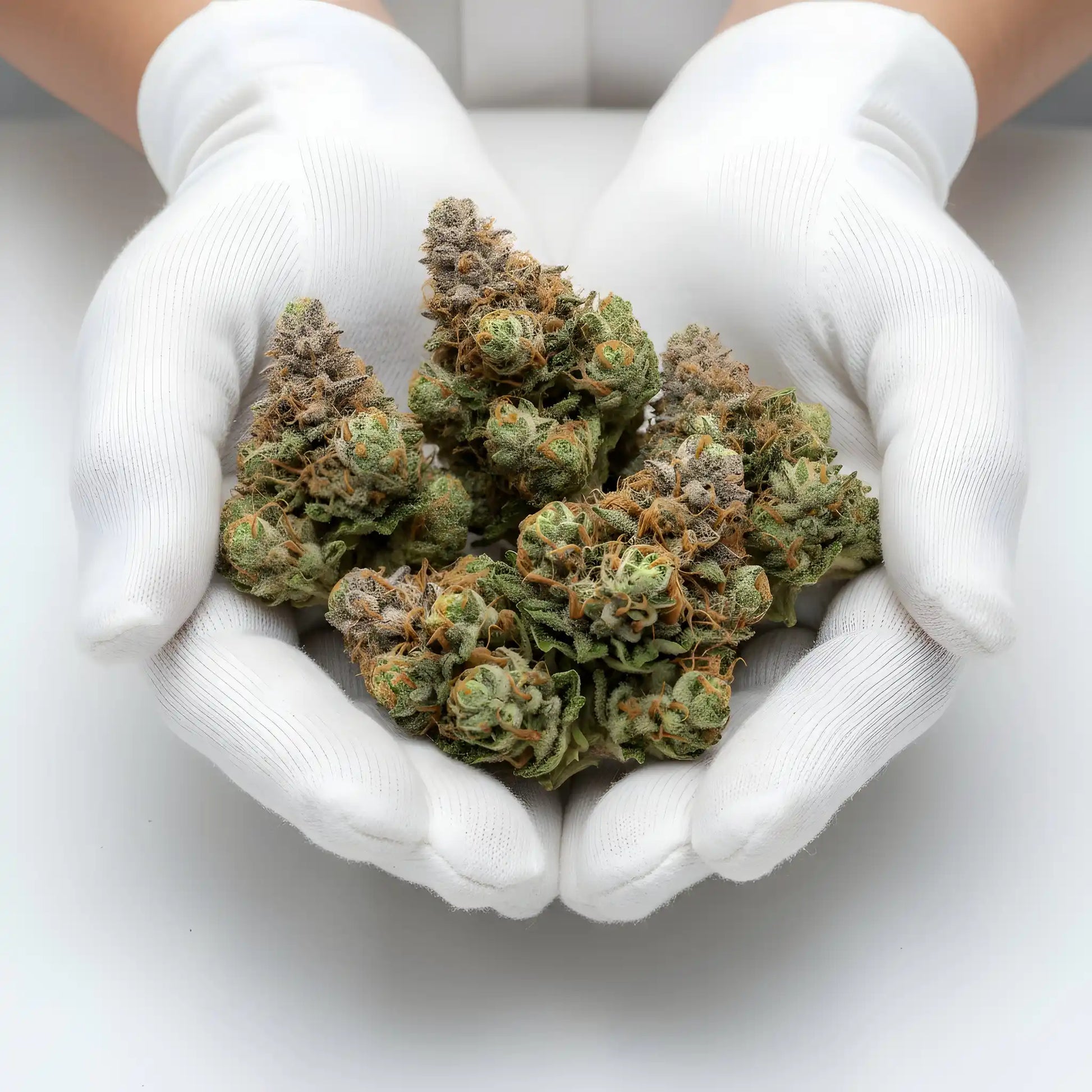 Gloves photo handling Vanilla Berry THCA hemp flower AA grade for wholesale, emphasizing frosty trichomes and premium indoor quality