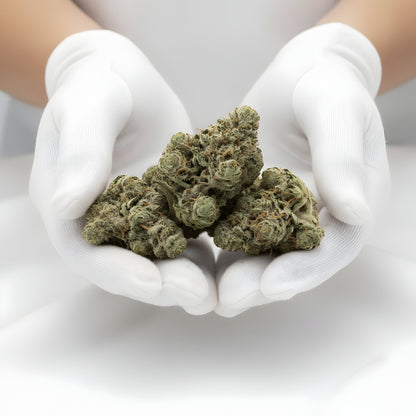 Gloves photo handling Mitten Cake Badder THCA hemp flower AA grade for wholesale, emphasizing dense bud formation and resin-rich finish.