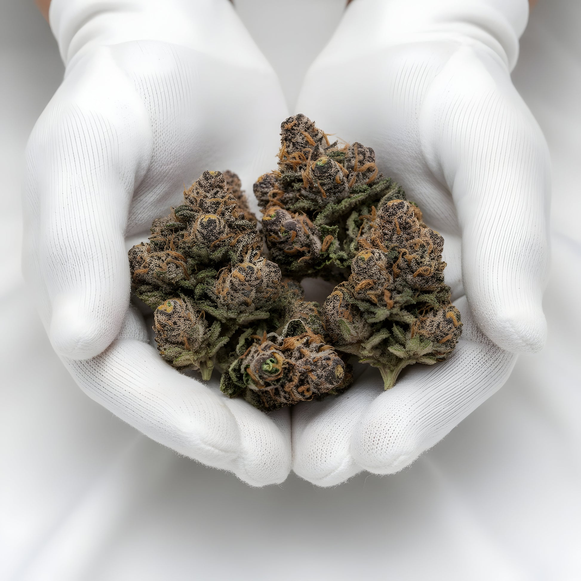 Gloves photo handling Texas Pound Cake THCA hemp flower AAA grade for wholesale, highlighting sticky frosty buds with sweet cake batter grape aroma