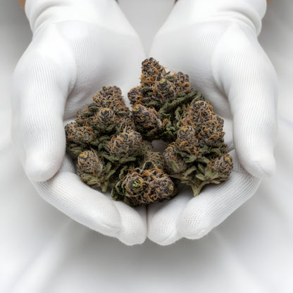 Gloves photo handling Texas Pound Cake THCA hemp flower AAA grade for wholesale, highlighting sticky frosty buds with sweet cake batter grape aroma