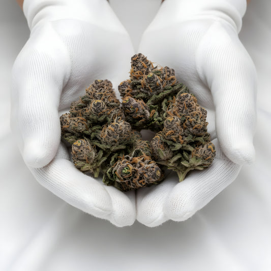 Gloves photo handling Texas Pound Cake THCA hemp flower AAA grade for wholesale, highlighting sticky frosty buds with sweet cake batter grape aroma