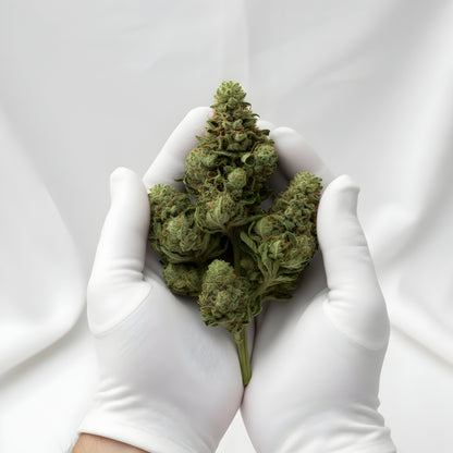 Gloves photo of Jungle Fuel THCa Hemp Flower showing careful handling of dense hybrid buds, resin-rich trichomes, and premium wholesale AAA-grade quality