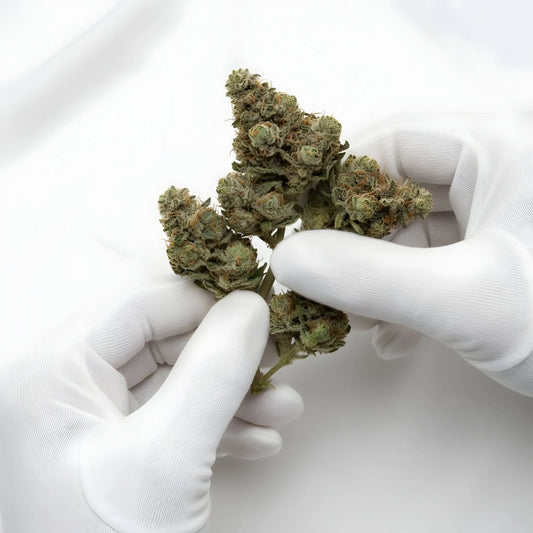 Gloves handling photo of Moonblast THCa hemp flower AAA grade for wholesale, emphasizing sticky texture and dessert-like bud quality | Hurcann