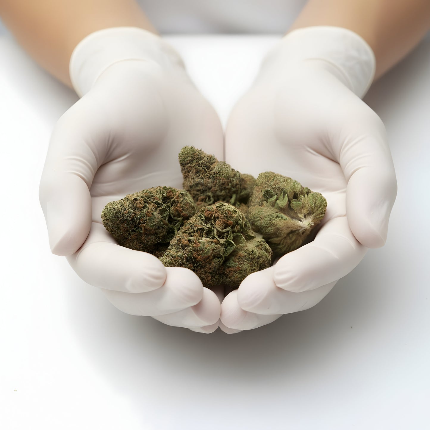 Gloves photo handling Strawberry THCA hemp flower AA grade for wholesale, emphasizing trichome frost and fresh indoor cure