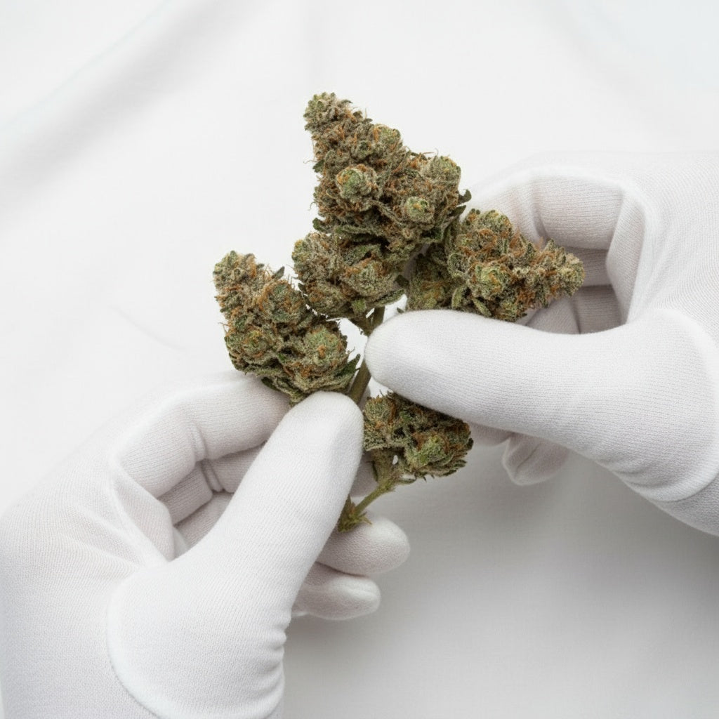 Moonblast buds are dark and shimmering, featuring deep purple hues and a thick layer of silver trichomes that glow under light.