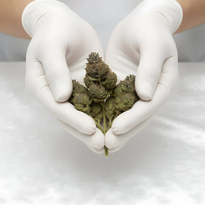 Gloves photo of Yellow Tail THCa Hemp Flower showing careful handling of terpene-rich sativa-dominant buds with bright trichomes and premium wholesale quality