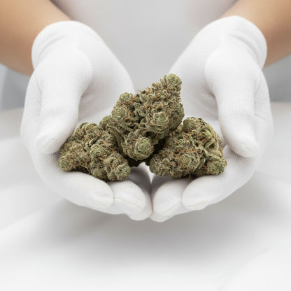 Mitten Cake Badder buds are dense, with dark green tones and amber pistils covered in a thick trichome coating that glistens under light.