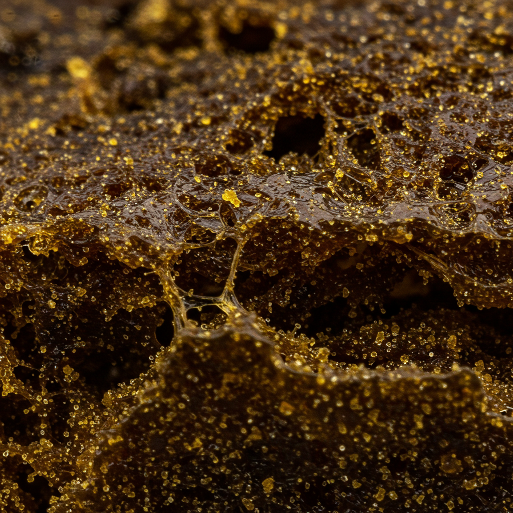 Macro close-up of pressed hash showing resin-rich trichomes