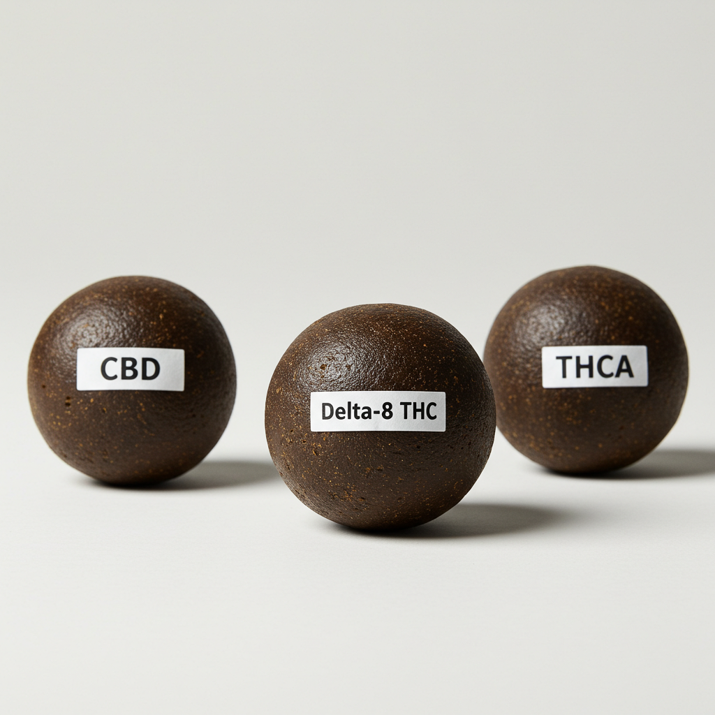 Labeled hash balls showing the different types of hash Hurcann offers