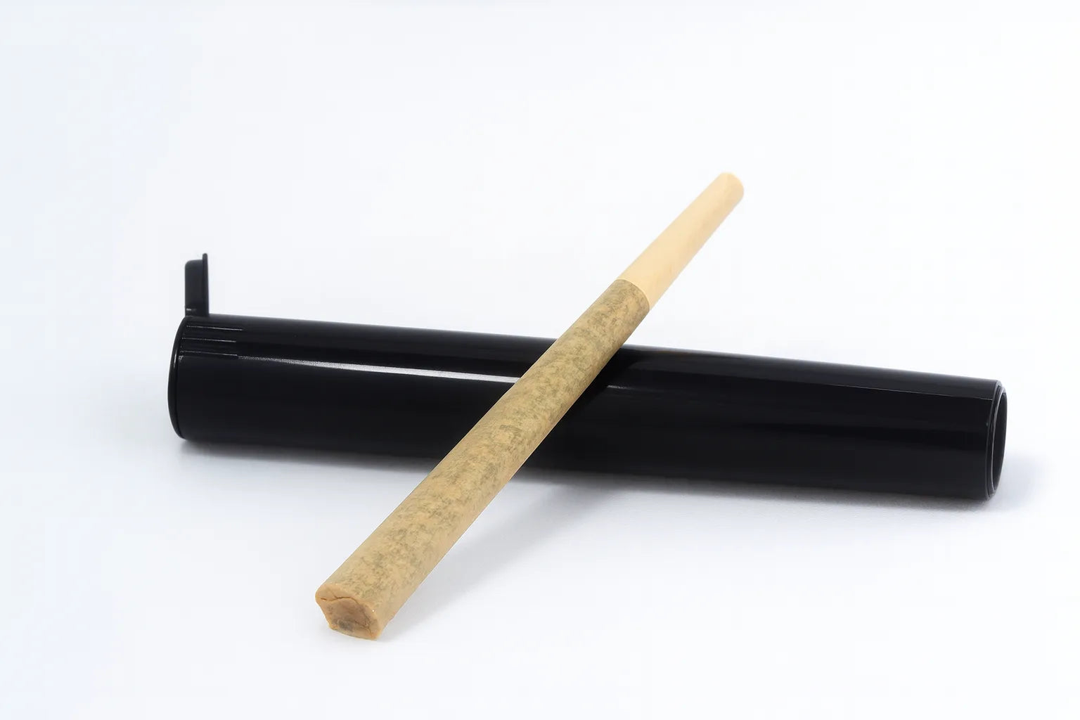 Premium cannabis pre-roll with black plastic doob tube packaging on white background – wholesale prerolls for dispensaries and retail