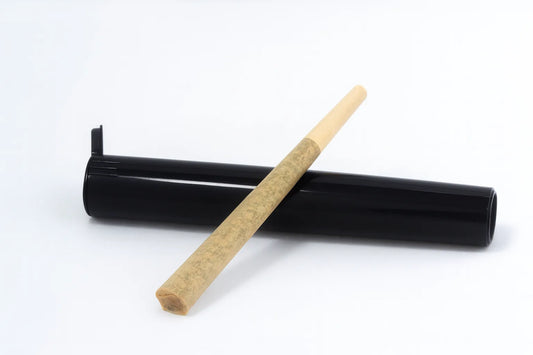 Premium cannabis pre-roll with black plastic doob tube packaging on white background – wholesale prerolls for dispensaries and retail