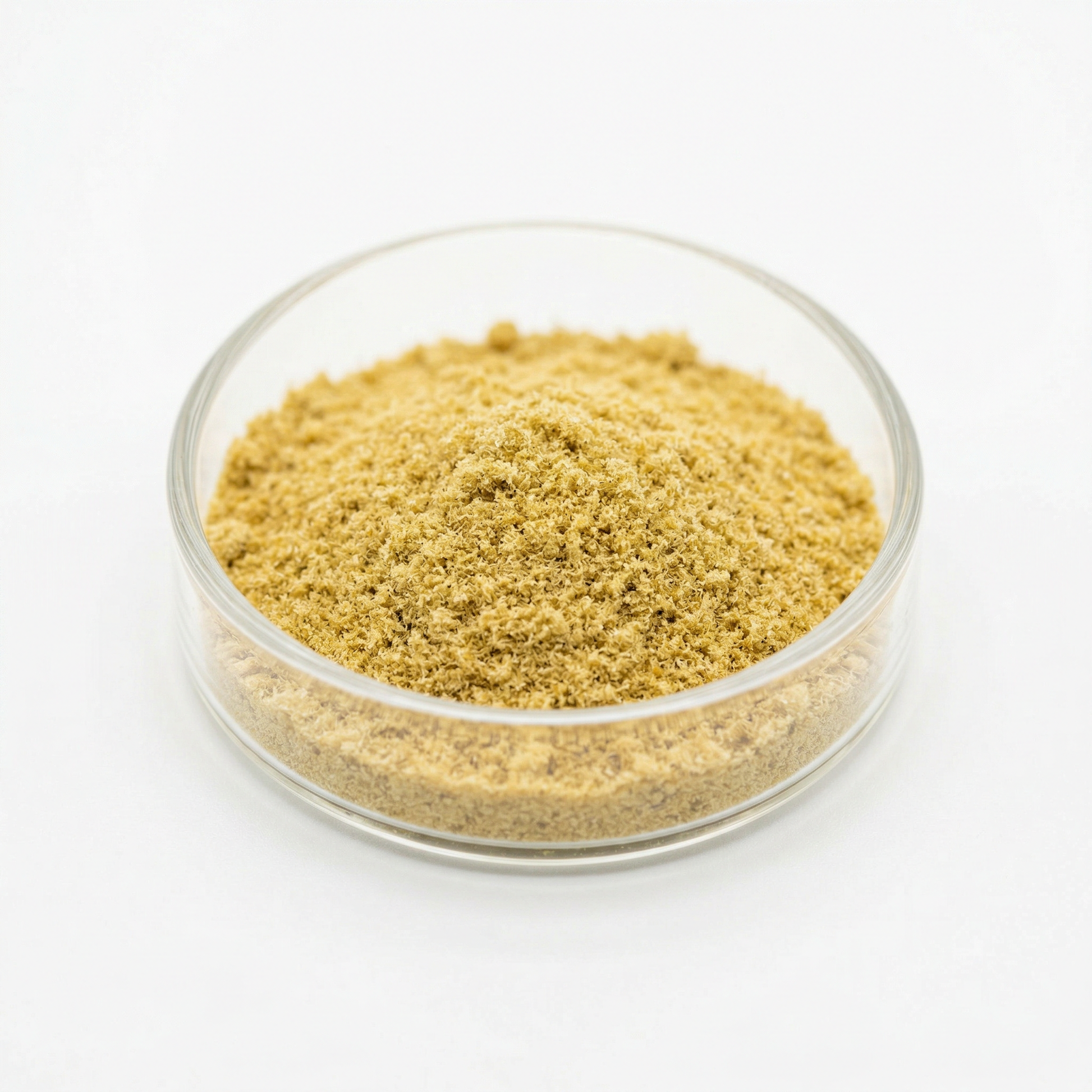THCA kief powder in a glass dish on white background — golden hemp-derived dry-sift trichomes