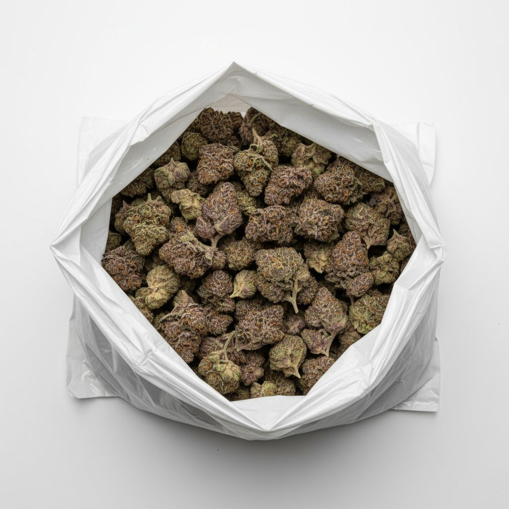 Dense, purple-tinged buds with rich green hues and frosty white trichomes.