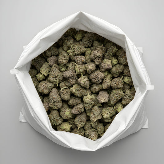 Wholesale photo of Rainbow Reserve THCA hemp flower hybrid AAA grade, bulk display of prism colored buds coated in thick trichomes, 34 percent THCA, top terpenes limonene caryophyllene and ocimene
