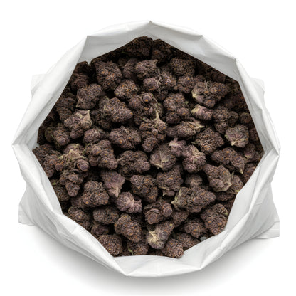 Wholesale photo of Jealousy THCA hemp flower hybrid AA grade, bulk display of frosty dark green buds with 29 percent THCA