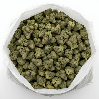 Wholesale main image of Afghani Kush THCa hemp flower pure indica AA grade, bulk buds showing frosty trichomes and forest-green color