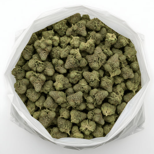 Wholesale main image of Afghani Kush THCa hemp flower pure indica AA grade, bulk buds showing frosty trichomes and forest-green color