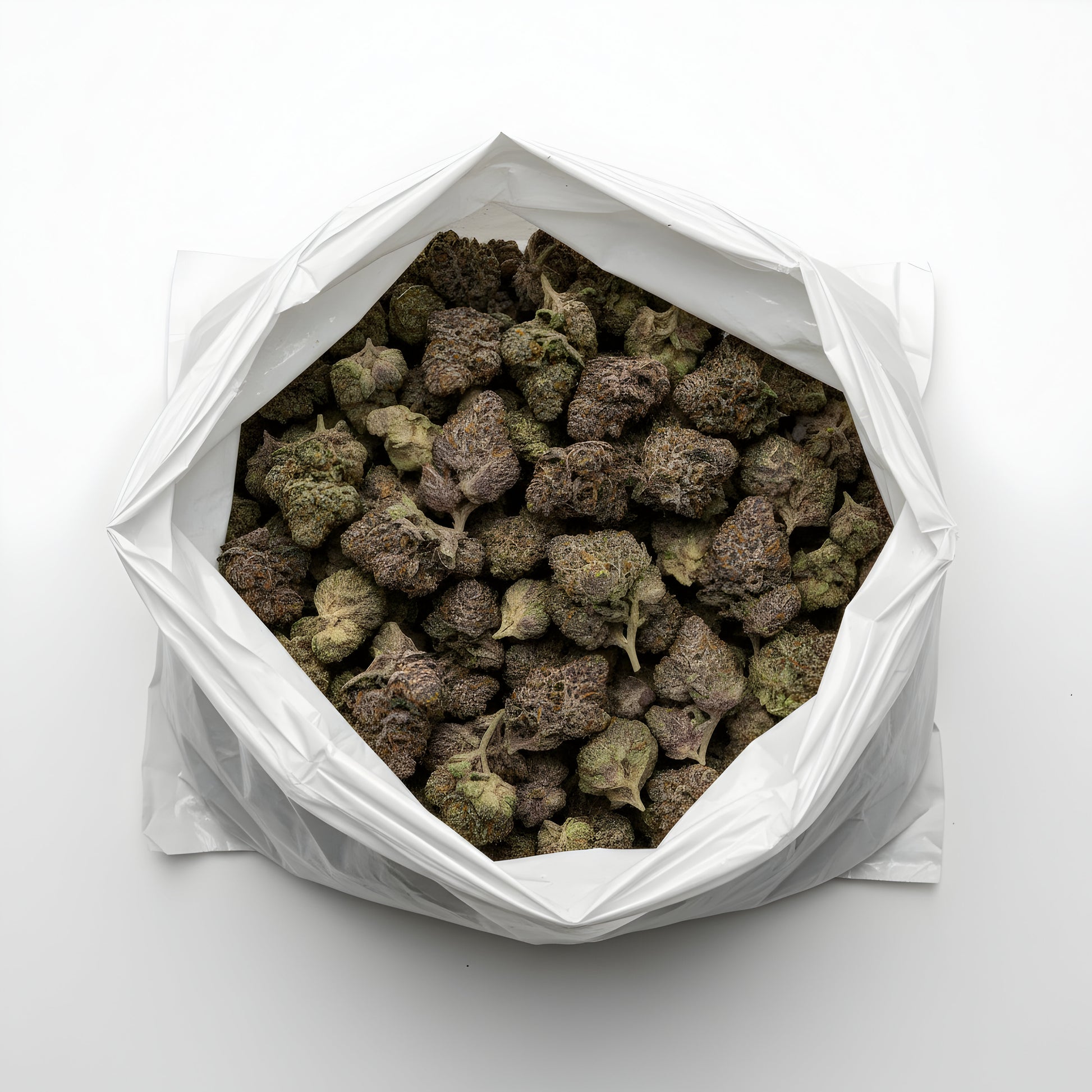 Wholesale photo of Texas Pound Cake THCA hemp flower indica AAA grade, bulk display of dense purple green buds coated in white trichomes, 32 percent THCA, Sunset Sherbet lineage