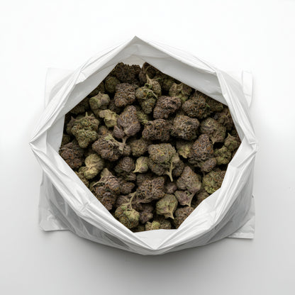 Wholesale photo of Texas Pound Cake THCA hemp flower indica AAA grade, bulk display of dense purple green buds coated in white trichomes, 32 percent THCA, Sunset Sherbet lineage