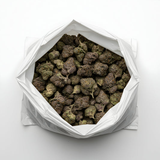 Wholesale photo of Texas Pound Cake THCA hemp flower indica AAA grade, bulk display of dense purple green buds coated in white trichomes, 32 percent THCA, Sunset Sherbet lineage